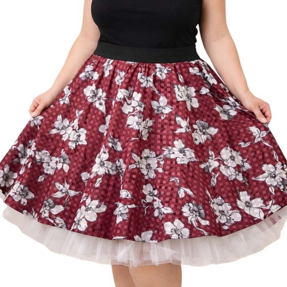 HeartSoul Burgundy Floral Fit Flare Skirt XL Gingham Overlay Tulle Lined‎ A-Line